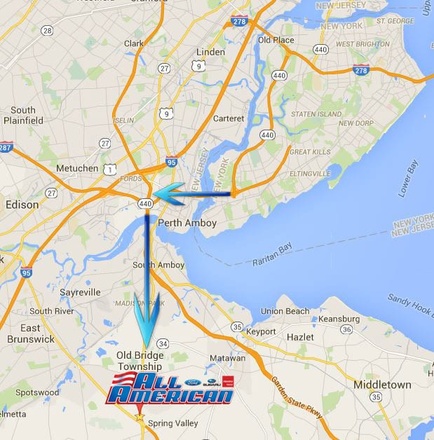 Map showing how to get to All American Ford in Old Bridge from Staten Island